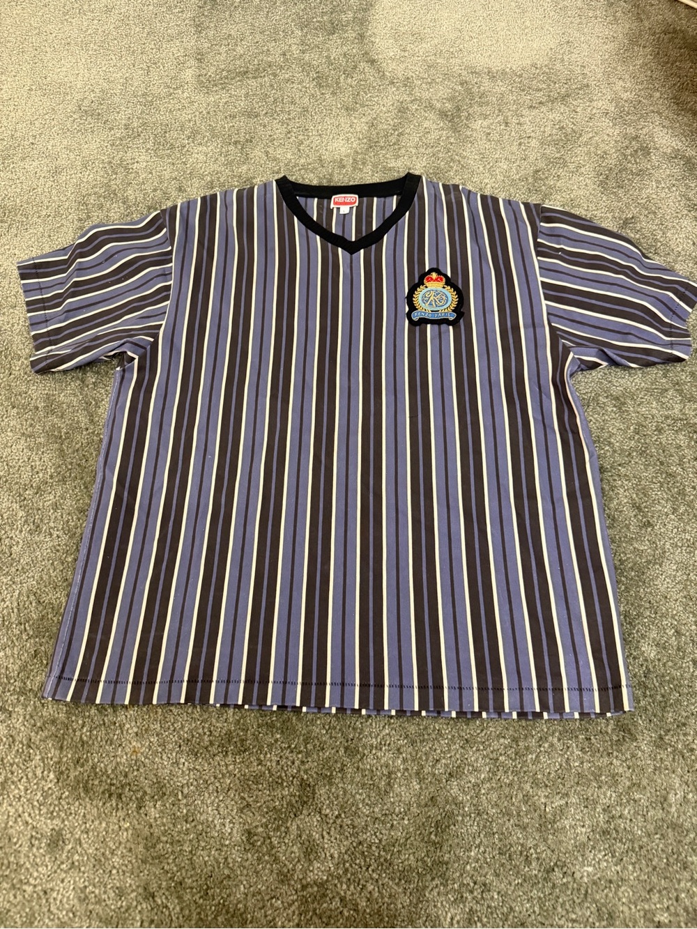 Kenzo Men Striped V-Neck Shirt with Crest - Blue/Black